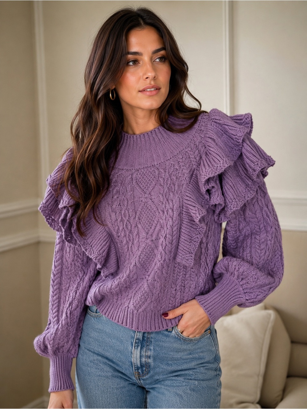 Vici Lavender Cable-Knit Ruffle Sweater